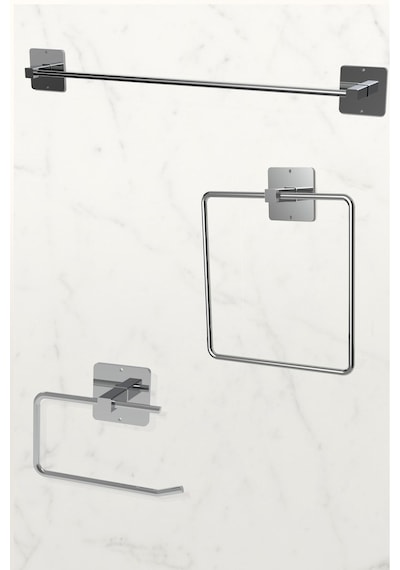 Karteya Yapışkanlı Gümüş Uzun Havluluk Wc Kağıtlık Ve Kare Havluluk Banyo Mutfak 3'lü Set Krom