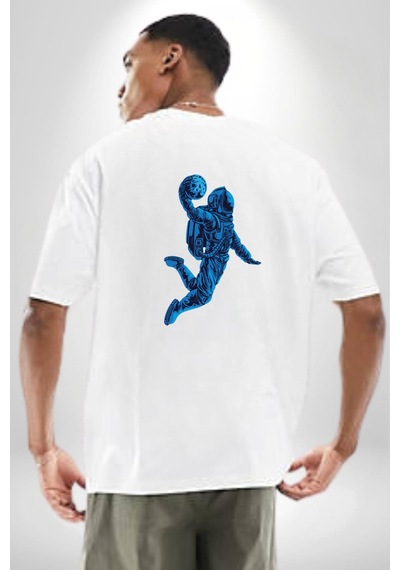 Basketbol Mars Uzay Smaçı Beyaz Oversize Unisex Ön Ve Sırt Baskılı Tişört Beyaz