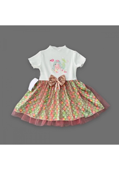 Veraura Lifestyle 1-2-3 Yaş Denizkızı Baskılı Pul Desen Etekli Kız Bebek Elbisesi Ekru
