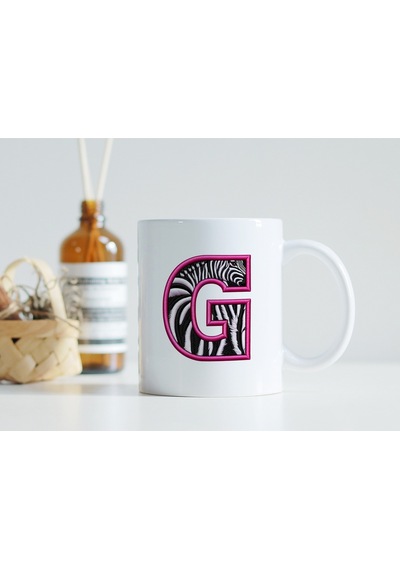 G Harfi Zebra Deseni Ve Pembe Kenarlı Kupa Bardak - Kişiye Özel Nakış Efektli - Siyah Beyaz Pembe Beyaz