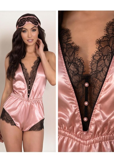 Kadın Saten Tulum Şort Pijama Takımı Dantelli Şortlu Gecelik Uyku Tulumu Ev Giyimi Göz Bantlı Set Açık Bej - Siyah