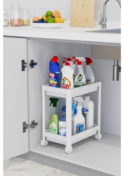 Ayrex 2 Katlı Tekerlekli Düzenleyici Raf Mutfak Tezgah & Evye Altı Dolap İçi Organizer, Banyo Deterjanlık Ve Şamp