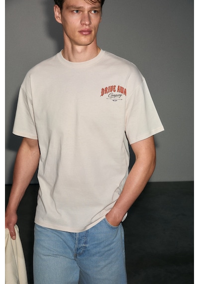 Grimelange Espada Erkek %100 Organik Pamuklu Yuvarlak Yakalı Baskı Detaylı Vanilya T-shirt Açık Krem