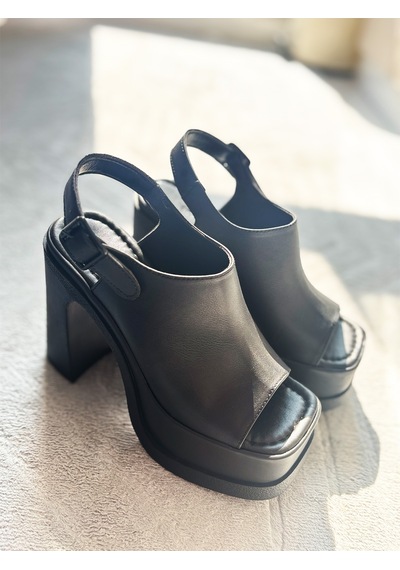 Asmi Shoes Kadın Veronica Siyah Cilt 12 Cm Önü Ve Arkası Açık Platform Topuklu Ayakkabı