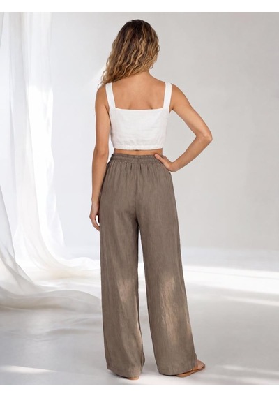 Nealirsanall.com Kadın Beli Bağcıklı Pantolon - Bol Paça Salaş Pantolon Ekru