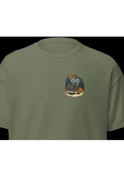Wildstyle Geyik Renkli Vintage Yaban Hayat Doğa Orman Dağ Baskılı Unisex Bisiklet Yaka Pamuklu Tişört Haki