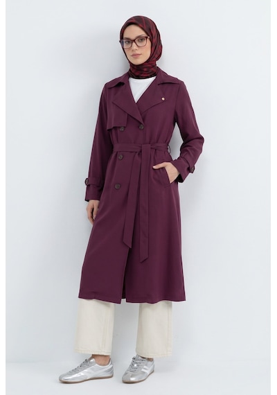 Armine Trend Belden Kuşaklı Aller Detaylı Tencel Kumaş Trençkot Bordo 26ytd714