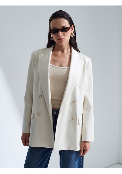 Dilvin 60802 Kruvaze Saten Blazer Ceket-ekru