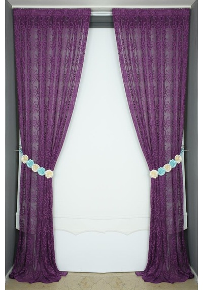Şal Model Mor Renk Hazır Dikilmiş Pileli Fon Perde 75x260 Cm Mor