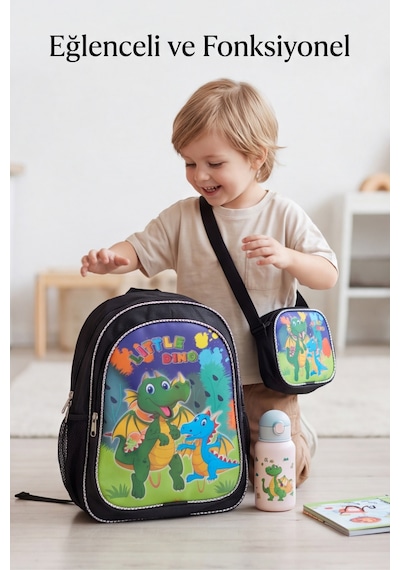 Little Dino Beslenme Çantalı İlkokul Ve Anaokulu Sırt Çantası Seti Ergonomik Çocuk Okul Çantası Siyah