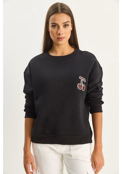 Shade Kadın Bisiklet Yaka Kiraz Taş İşlemeli Üç İplik Şardonlu Sweatshirt 60601047 - Siyah