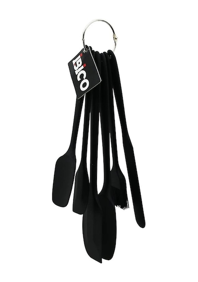 6pcs Silikon - Siyah Mutfak Seti 2 Kaşık - 3 Spatula - Yumurta Fırça Metal Asma Halkalı Çok Renkli