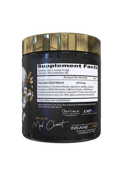 Insane Labz Psychotic Gold High Stimulant Preworkout Energy Focus, Pump Beta Alanine Dmae Bitartrate