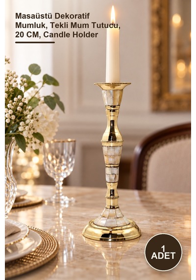 1 Adet Pirinç Sedefli Şamdan Masaüstü Dekoratif Mumluk, Tekli Mum Tutucu, 20 Cm, Candle Holder