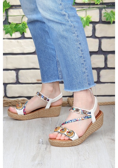 Vojo Daisy Rahat Taban Taş Boncuk Detaylı Kadın Sandalet 267800001858 05 Beyaz Beyaz