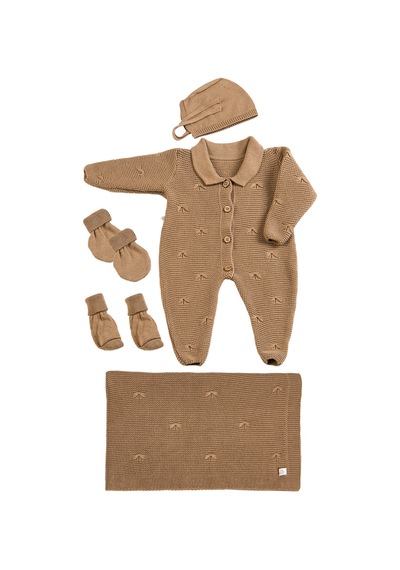 Tinylamb Premium Yenidoğan Bebek Triko Set 5 Parça Kahve - Premium Bebek Hediye Seti Kahverengi