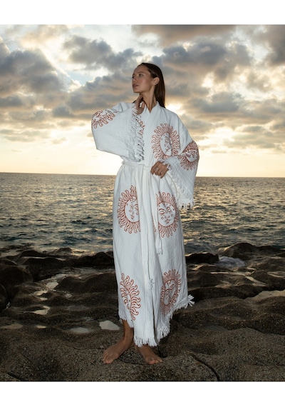 Befera Müslin Kimono Pamuklu Güneş Baskılı Desenli Bornoz Kaftan Sabahlık Ekru