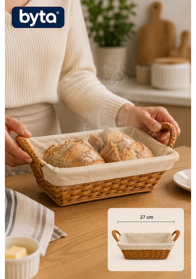 Hasır Ekmek Sepeti 27 Cm Kumaş Astarlı Kulplu Dikdörtgen Servis Ve Sunum Sepeti Kahverengi