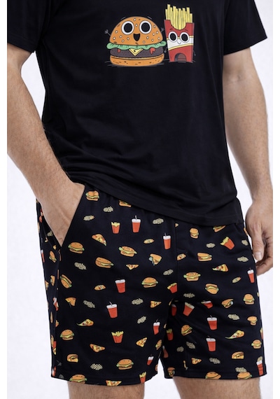 Erkek Pamuklu Baskılı Cepli Şortlu Pijama Takımı Ke77631 Siyah - Kırmızı