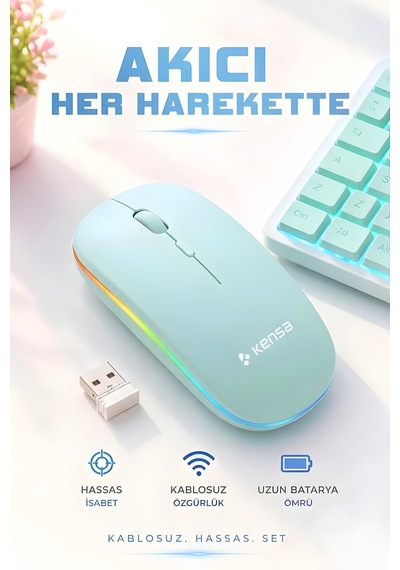 Tablet Ve Bilgisayar İçin Rgb Led Işıklı Taşınabilir Kablosuz Bluetooth Klavye Ve Dongle'lı Mouse Seti Mavi