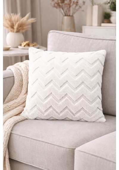 Peluş Dekoratif Kırlent Kılıfı İskandinav Zigzag-balıksırtı 4 Lü Set 42x42 Cm Krem