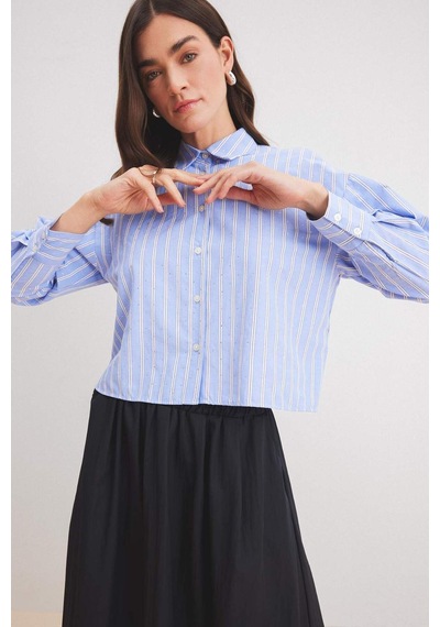 DeFacto Relax Fit Çizgili Poplin Uzun Kollu Gömlek E1261AX25SPNV248