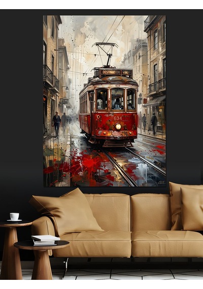 Yağmurlu İstanbul Sokağı Ve Tramvay Dekoratif Kanvas - Mdf Ahşap Tablo
