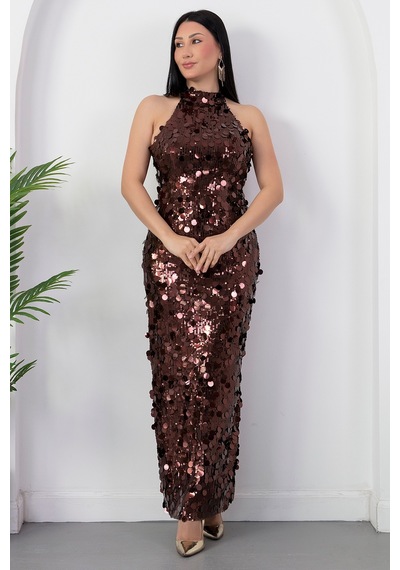 Kalopya Halter Yaka Büyük Pullu Elbise Abiye Ecr6094 Kahverengi