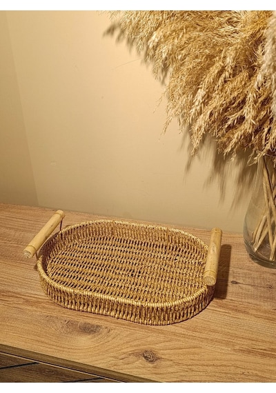 Hasır Rattan Bambu Kulplu Örme Tepsi Küçük Boy Oval Diğer