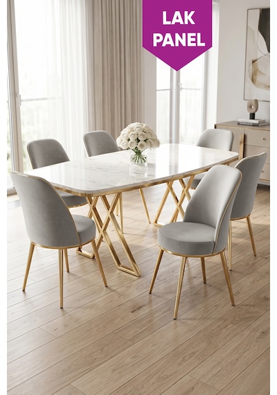 Peras Serisi 90x160 Lak Panel Beyaz Mermer Desen Gold Ayaklı Masa Takımı 6 Sandalye Beyaz Mermer Masa Gri Sandalye Peras Serisi 90x160 Lak Panel Beyaz Mermer Desen Gold Ayaklı Masa Takımı 6 Sandalye Beyaz Mermer Masa Gri Sandalye