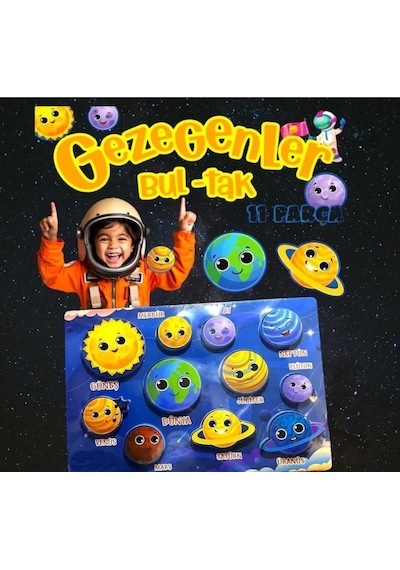 11 Parça Ahşap Bul-tak Gezegenler Eğitici Ve Eğlenceli Uzay Temalı Oyuncak Puzzle