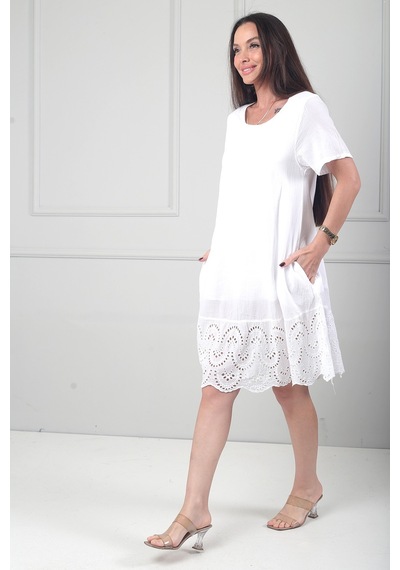 By Saygı Kadın İtalyan Kısa Kollu Eteği Fisto Astarlı Cepli Cotton Midi Elbise Beyaz