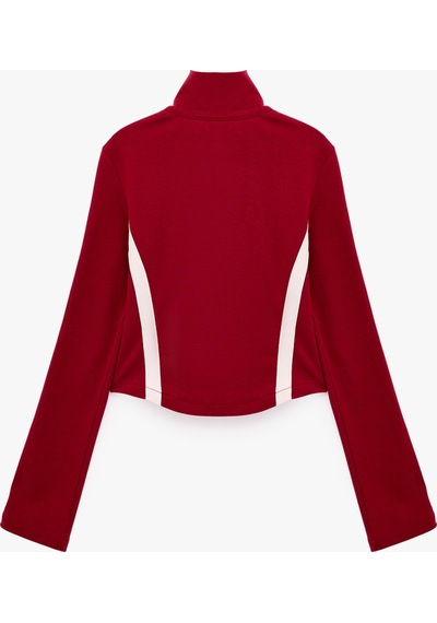 Koton Slim Fit Pamuklu Şeritli Dik Yaka Uzun Kollu Fermuarlı Sweatshirt Bordo 7wal10413ık