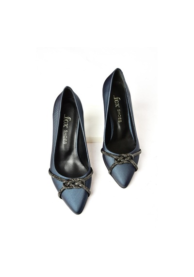 Fox Shoes S246061604 Lacivert Kumaş Kalın Topuklu Kadın Abiye Ayakkabı Lacivert