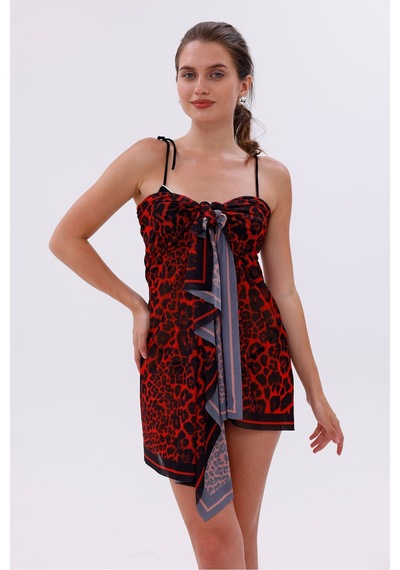 Tarzını Seç İç Gösterir Transparan Pareo - Kırmızı Leopar Model 150x95 Cm Çok Renkli