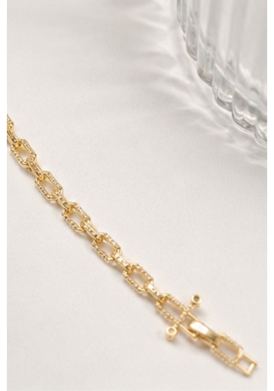 Balenbi Jewelry Kadın Taşlı Dikdörtgen Halkalı Kararmaz Çelik Zincir Bileklik 14k Gold 1141 Altın