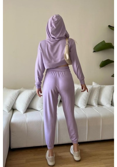 Penyebizden Kadın Viskon Kapşonlu Oversize Crop Sweatshirt-lila