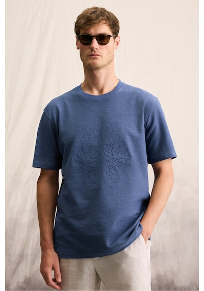 Grımelange NELIDO Erkek Nakış Detaylı %100 Organik Pamuk Bisiklet Yaka Kısa Kollu Regular Fit İndigo T-Shirt