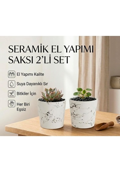 Tr 2'li Seramik Saksı/dekoratif Kupa Seti Beyaz Siyah Desenli Modern Dekoratif El Yapımı Tasarım - 10 Cm Diğer