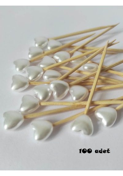 100 Adet Dekoratif Küçük Kalp Incili Kokteyl Kürdanı 6 Cm - Nişan Söz Kalp Incili Kürdan - Kalp 8 Mm