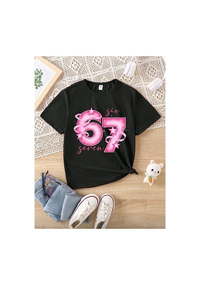 Stil X Sıx Seven Baskılı Kız Çocuk Tshırt, 67 Tasarımlı Siyah-4