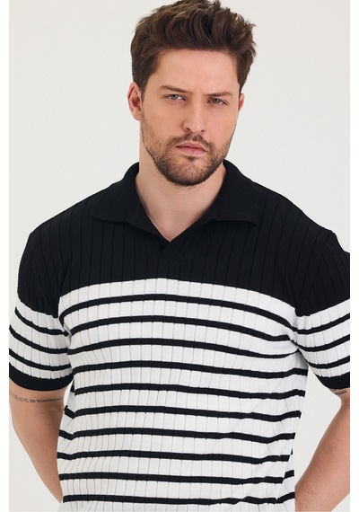 Cool Tarz Erkek Polo Yaka Beyaz Çizgi Detaylı Siyah Triko T-shirt Siyah Siyah