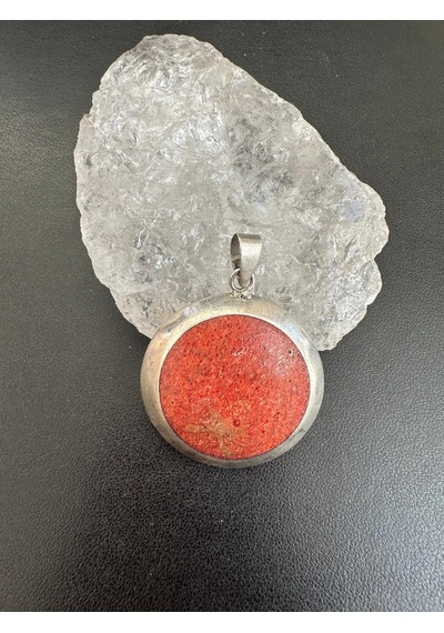 Doğal Mercan Taşlı Gümüş Kolye Ucu 925 Ayar 12,28 Gram