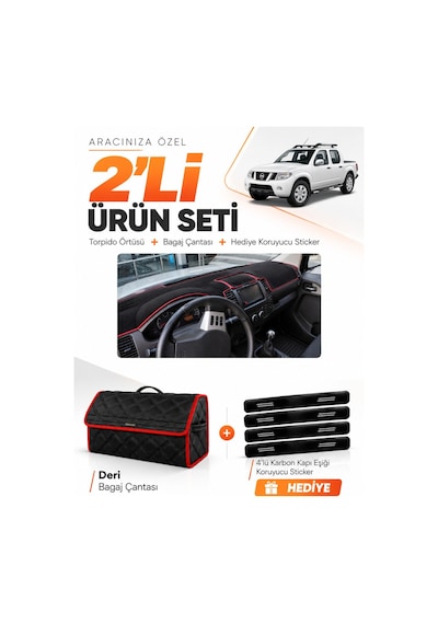 E-biz Nissan Navara 2005-2015 Uyumlu Torpido Örtüsü + Deri Bagaj Çantası - Siyah-kırmızı - Nı009