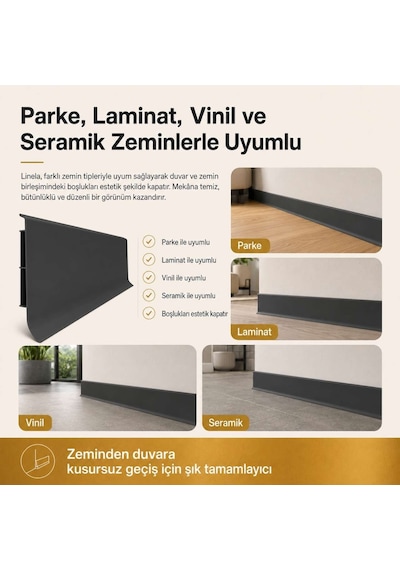 Linela Suya Dayanıklı Pvc Süpürgelik 8 Cm - Antrasit - Lnl415