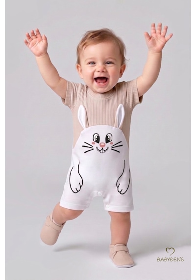 Babyden's Tavşan Baskılı Şortlu Erkek Bebek Tulum %100 Pamuk Yazlık Kısa Kollu Çıtçıtlı Yenidoğan Bebek Tulumu 0-9 Ay Bej