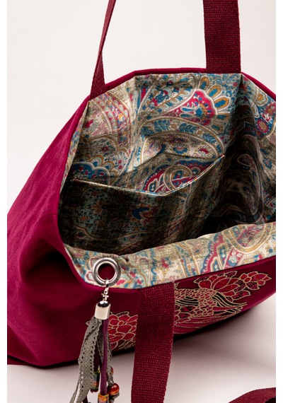 Fabric Craft Bag Omuz Çantası Kumaş Hint Nakışlı Vişne Renkli Astarlı Vişne Çürüğü