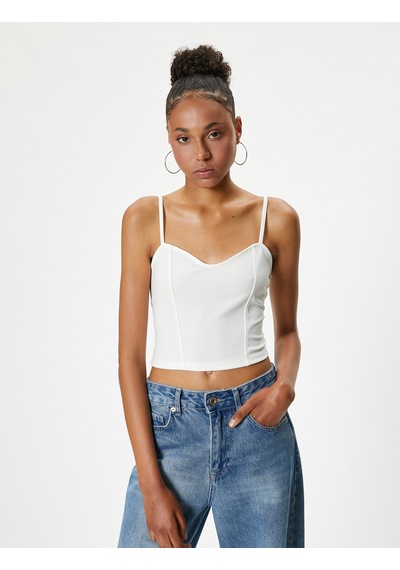 Koton İnce Askılı Crop Büstiyer Kalp Yaka Slim Fit Ribanalı Ekru 4sal30017ık