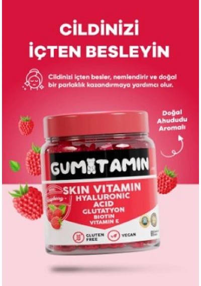 Gumitamin Cilt Vitamini Vegan Gummy, Hyaluronik Asit, Glutatyon, Biotin, Vitamin E, Dogal Ahududu Aromalı