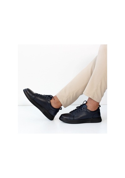 Erkek Lacivert Bağcıklı Baskılı Deri Sneaker